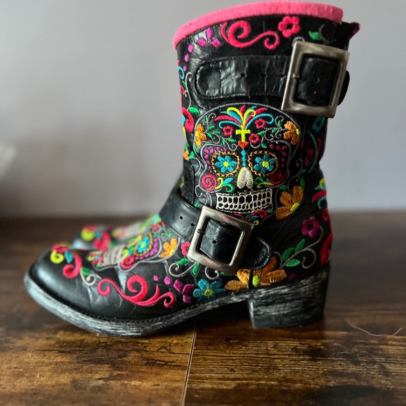 Old Gringo Klak Sugar Skull Black Leather Rainbow Biker Boots 7.5 - Picture 4 of 15